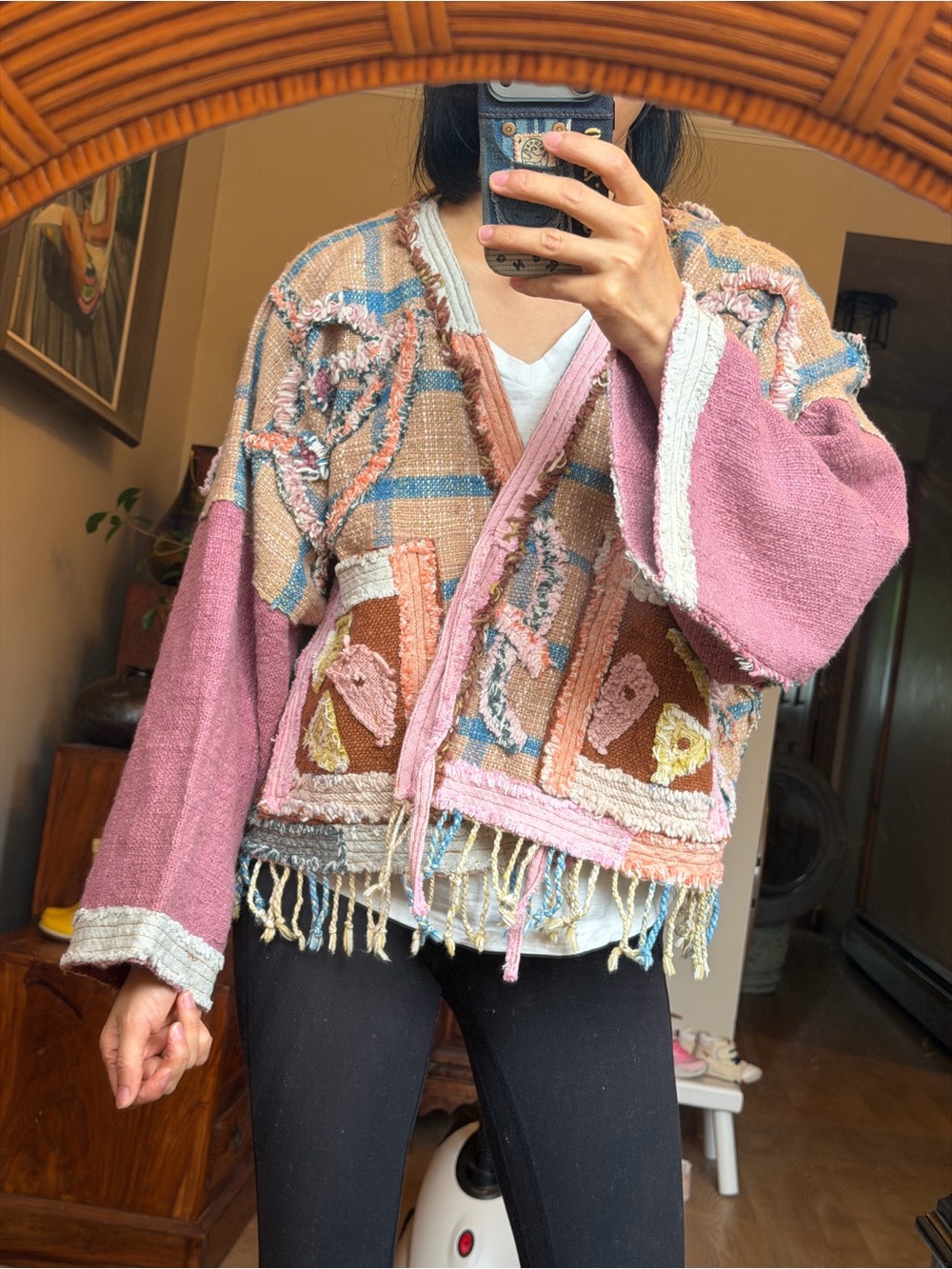NEW Handmade in Thailand Boho Patchwork Fringe Cardigan Sweater - Pink Multi